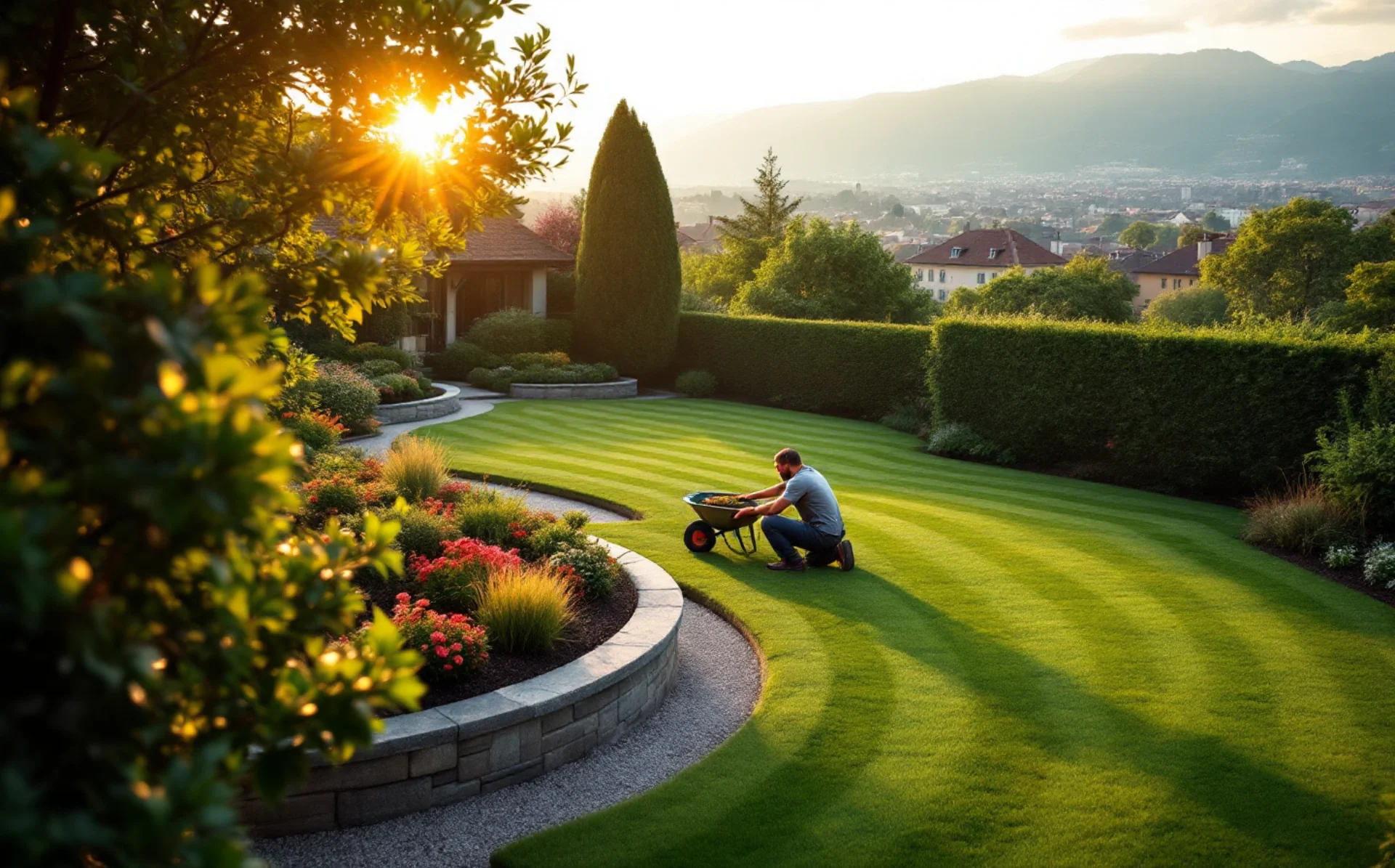 Jardineiro Mon-paysagiste.ch a trabalhar num belo jardim paisagístico na Suíça
